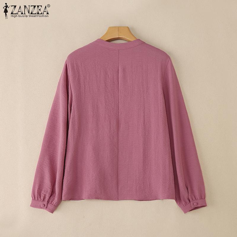 ZANZEA Women Casual Round Neck Solid Color Loose Long Sleeve Blouse
