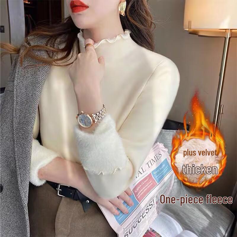 Damen Plüschfleece Unterhemd - Gemütlicher Herbst/Winter Halbhoher Kragen, Holzohr-Besatz