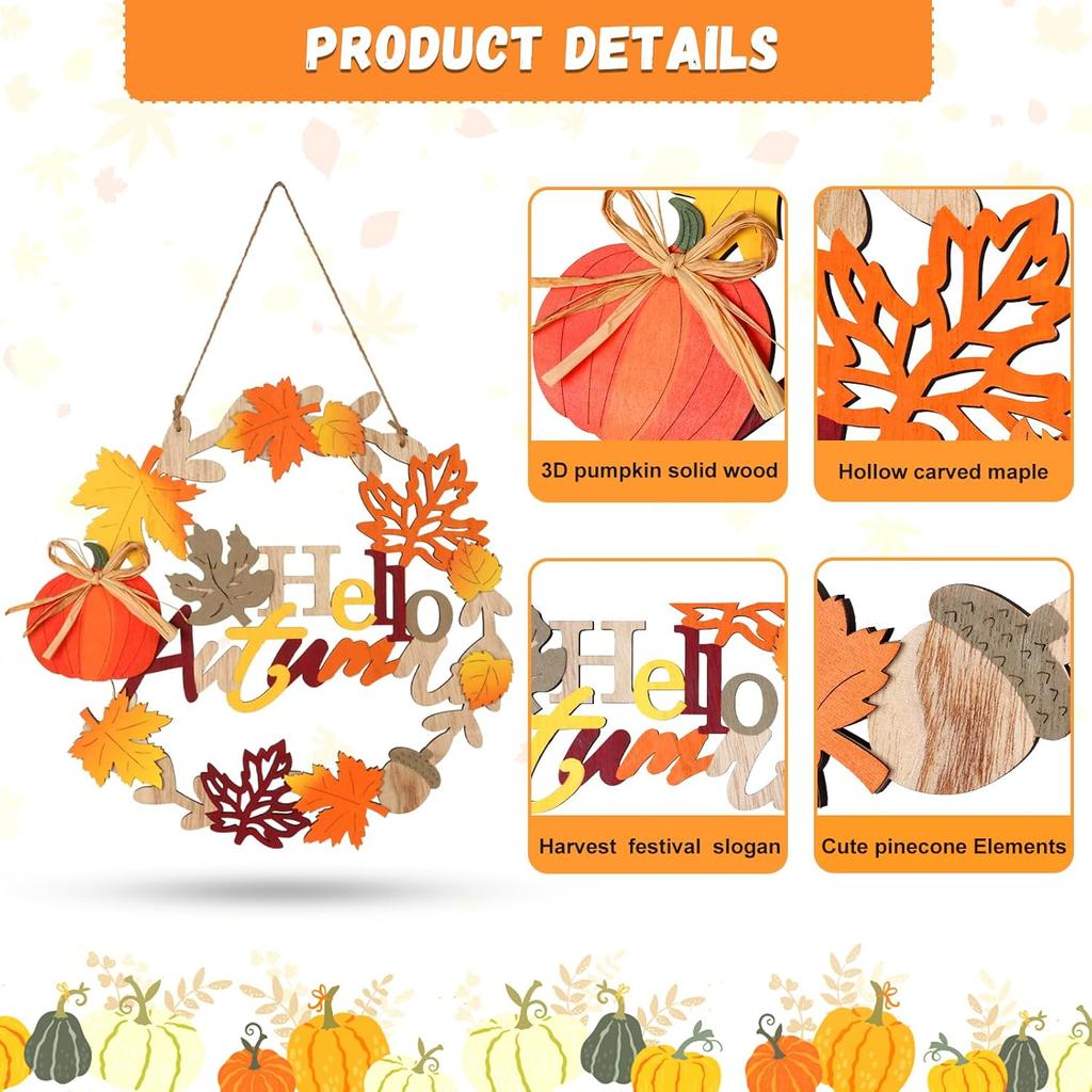 Fall Front Door Decor, 12 Inch Fall Wreaths for Front Door, 3D Wooden Fall Door Sign Hanging Pumpkin Maple Leaf Wreath with Autumn Sign for Harvest