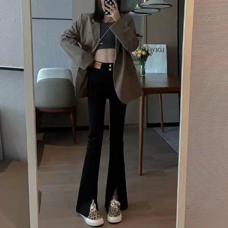 High-Waisted Black Flared Women's Slit Jeans, Slim Fit for Spring & Autumn 2023