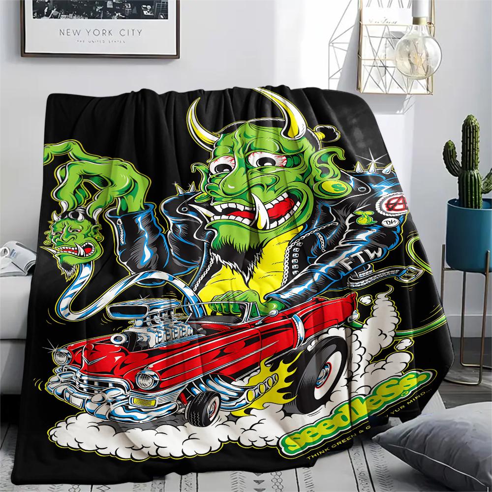 1Pc Rat Fink Print Flannel Blanket, High Quality Comfortable for All Seasons, Home Decor, Warmth and Comfort, Perfect for Christmas Gifts