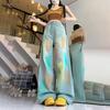 Women's Summer Designer Rainbow Gradient Jeans Washed Blue Long Pants High-Waisted Loose Straight Leg Wide-Leg Trousers