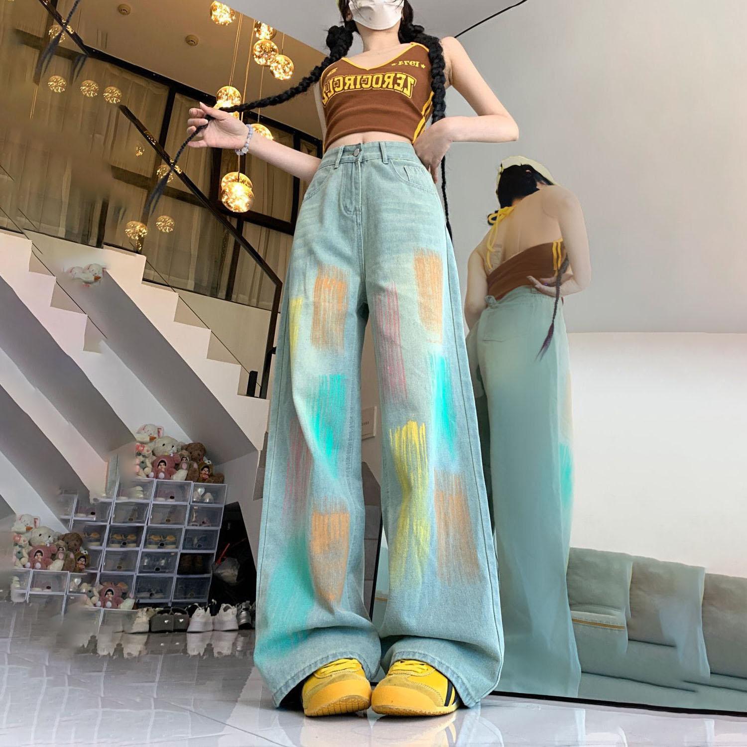 

Women s Summer Designer Rainbow Gradient Jeans Washed Blue Long Pants High-Waisted Loose Straight Leg Wide-Leg Trousers S синій