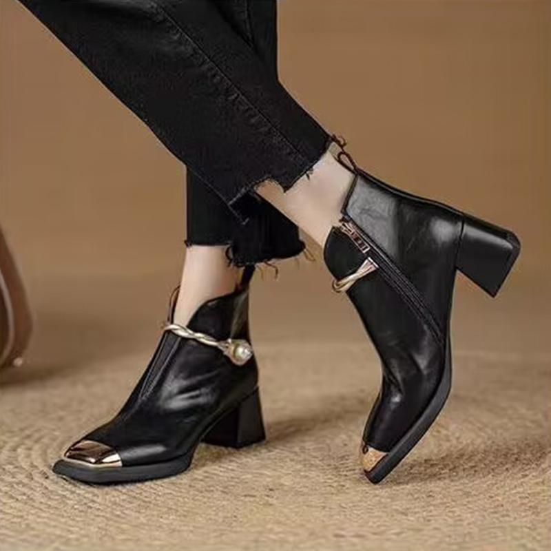 Fashion Brand Design Metal Chain Ankle Boots Women 2025 Autumn Elegant Square Toe Medium Heel Boots Side Zip Modern Metal Toe Booties