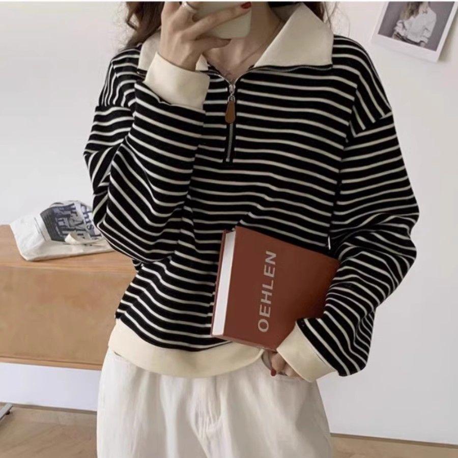 

Женский осенний полосатый топ с длинным рукавом, воротником поло, свободного кроя, базовый слой S 65-90 lbs чёрный