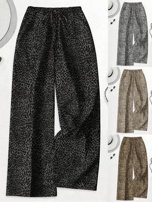 Women's Plus Size High Waist Leopard Print Wide Leg Pants - Summer Casual European American Style