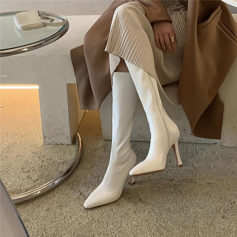 White High Heel Boots Women's 2025 Pointed Skinny Boots Elastic Skinny Boots Skinny Heel Knight Boots