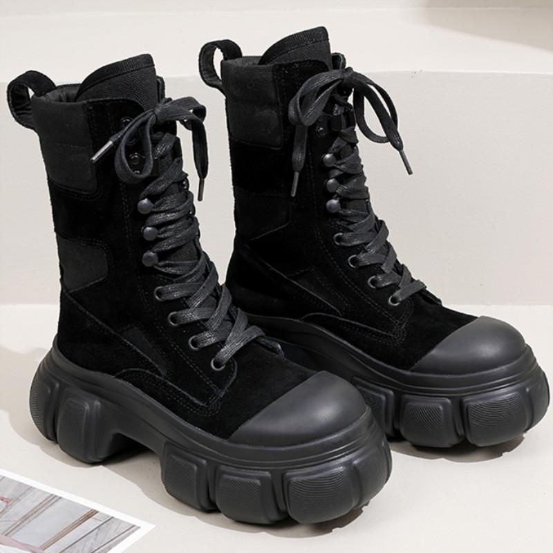 

Da Wang 2024 Жіночі Мартінси на товстій підошві-платформі, на шнурівці, з круглим носком, у стилі Челсі, ботильйони на щиколотці, що збільшують зріст 40 чорний