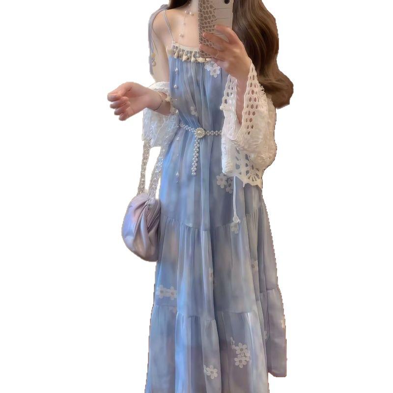 2026 Summer Floral Spaghetti Strap Hollow Out Long Dress, Women's Seaside Vacation Style
