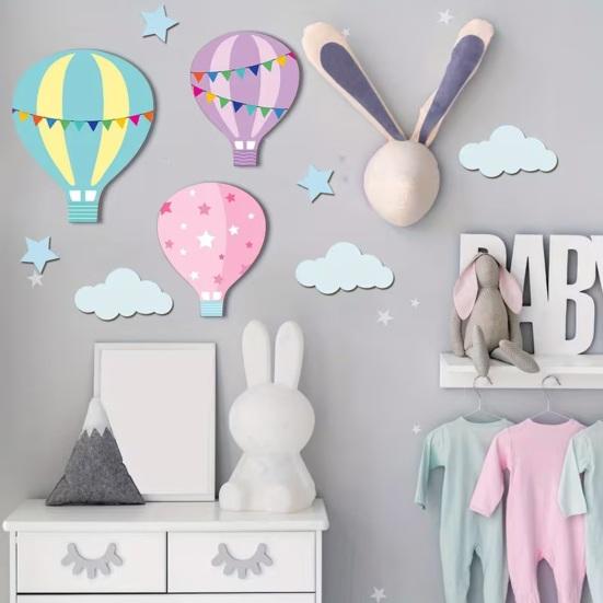 9 Pcs Hot Air Balloon Nursery Wall Decor Boho Wooden Baby Shower Wall Sign Hot Air Balloons Stars Clouds Sculptures for Bedroom Classroom Playroom