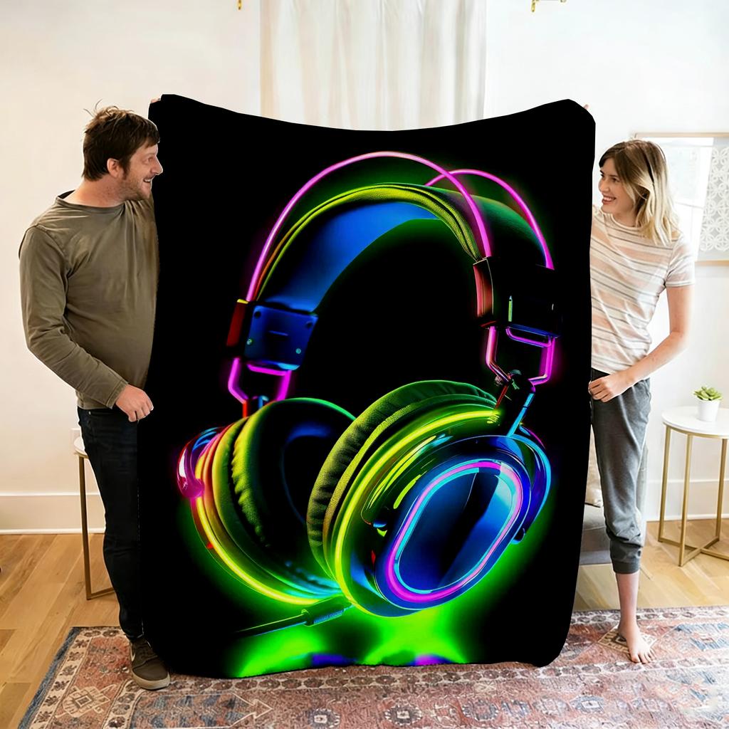 Live Music Neon Headphones Printed Flannel Blanket Perfect for Sofa Office Bed Travel Sleep Read Relax Camping Four Season Use