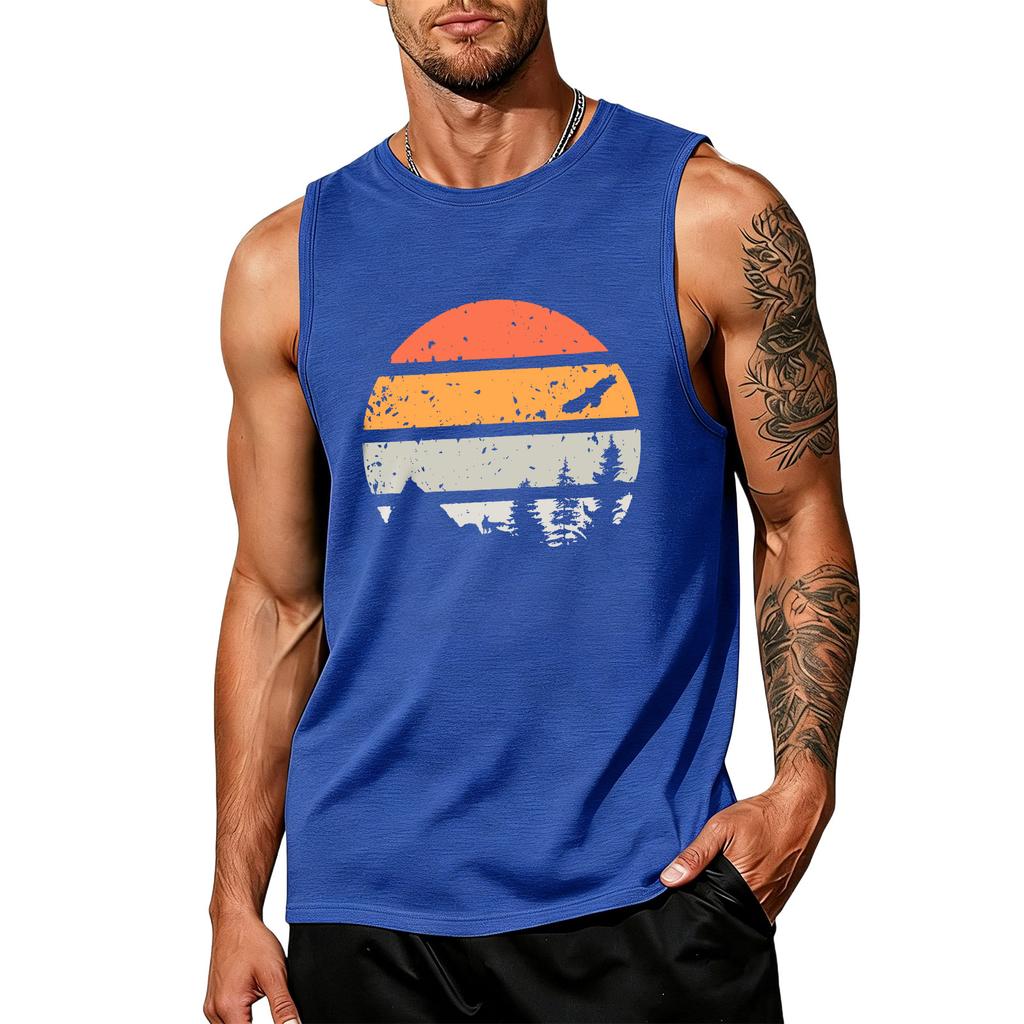 Mens Sleeveless Tank Top Crew Neck Graphic Print Vintage Style Casual Loose Fit Comfortable Shirt