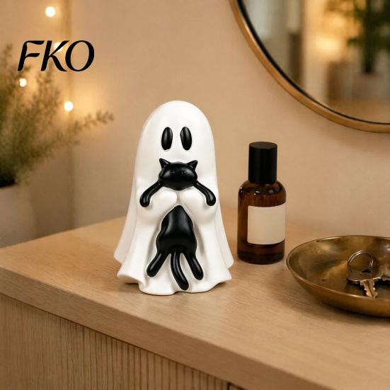 Miniature Ghost And Cat Craft Halloween Ornament, Hugging A Black Sculpture, Whimsical Figurine Resin Unique Figurine, for Home Bedroom Entrance