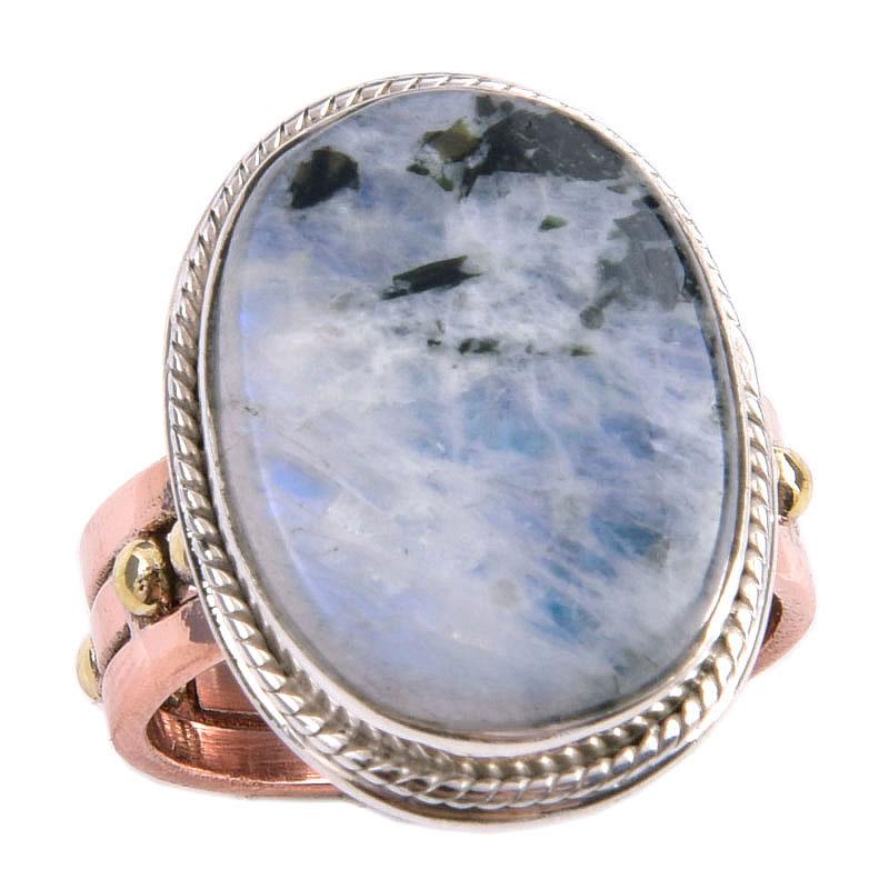 Natural Rainbow Moonstone Gemstone 925 Sterling Silver Two Tone Ring Size 8 W6i88