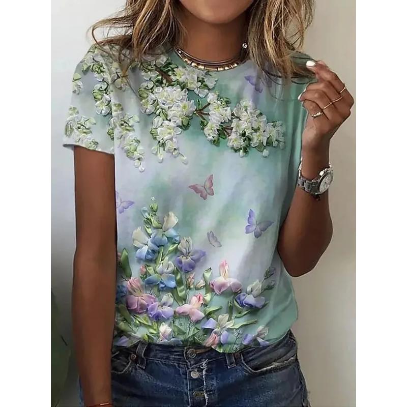 Flower Short Sleeve Fashion Women's Crew Neck Short Sleeve 3D Flower Color Printing Crew Neck T-Shirt