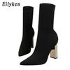 Eilyken Women Fetish Stretch Sock Boots Metal Block High Heels 9.5cm Short Ankle Boots Chunky Stripper Shoes  Mujer