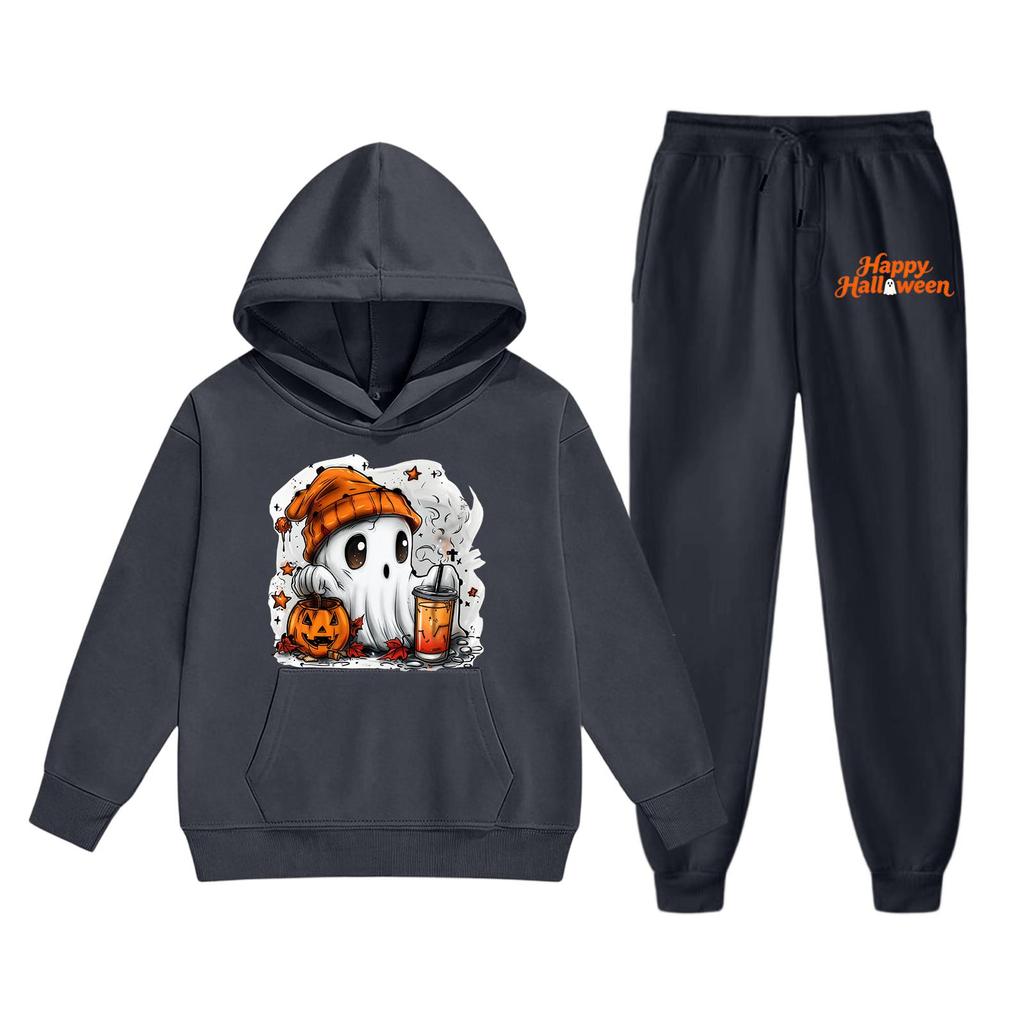 Kids Halloween Hoodie Set Ghost Print Pullover Sweatshirt with Matching Pants Comfortable Fit for Fall and Winter Seasonal Wear
