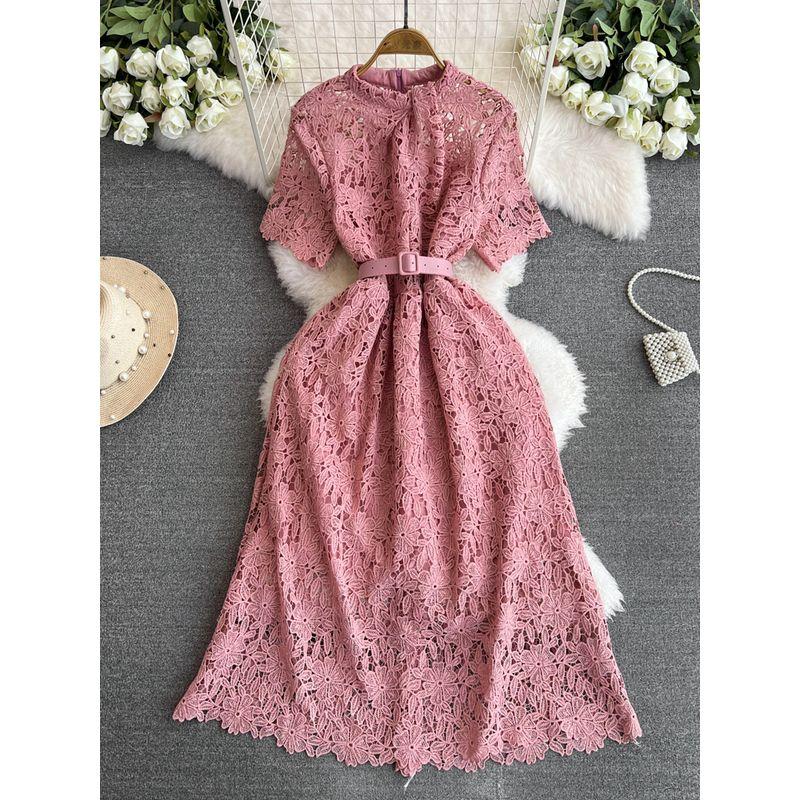 

Fancy Accessible Luxury Ladies Elegant Short Sleeve Stand-up Collar Cinched Slim Looking A- line Cut Out Lace Dress Elegant Dress Pink All yards