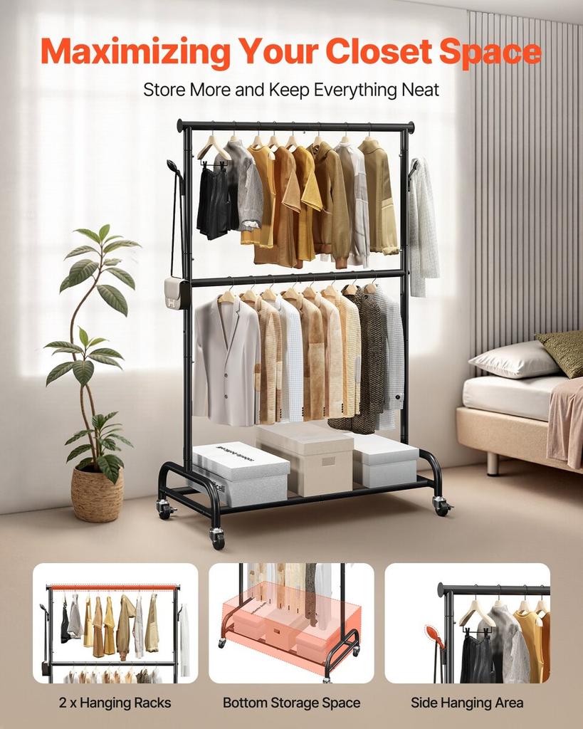 Clothes Rack, Rolling Clothing Garment Rack with Adjustable Crossbar and Side Hooks, 68 kg Load Capacity, Heavy Duty Carbon Steel Clothing Racks with