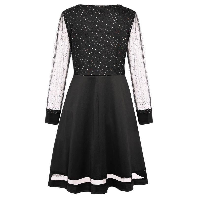 Spring & Fall New Arrival Fashion Wind V Neck Mesh Sequins Patchwork Loose and Stylish Long Sleeves Dress Dinner Dress Dress Dress