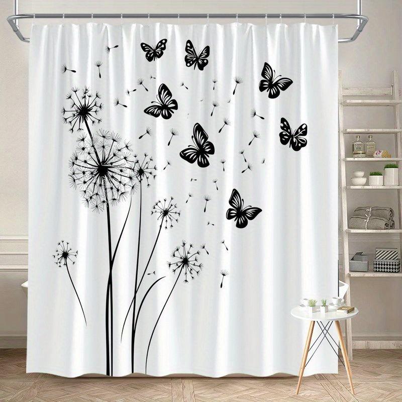 1pc Black and White Dandelion Butterfly Shower Curtain, Simple Dandelion Seeds Floating, Polyester Fabric, Suitable for Bathroom 90X180cm