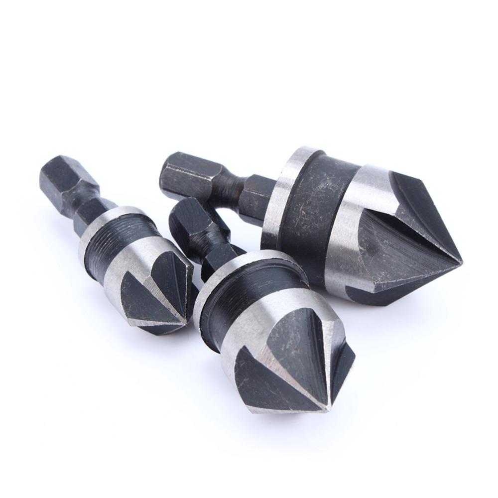 3pcs 1/4 Inch Hex Shank Countersink Bore Set 5 Flute Countersink Bits Woodworking