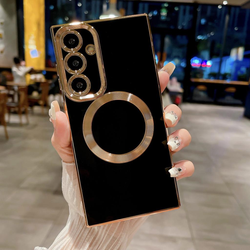 Suitable for Samsung S24Ultra Mobile Phone Case Square Solid Color Electroplating Magnetic Suction S21FE Anti-drop Mobile Phone Case
