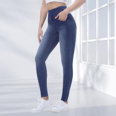 High-Waist Denim Pants with Pockets Elastic Waistband Slim Fit Long Trousers