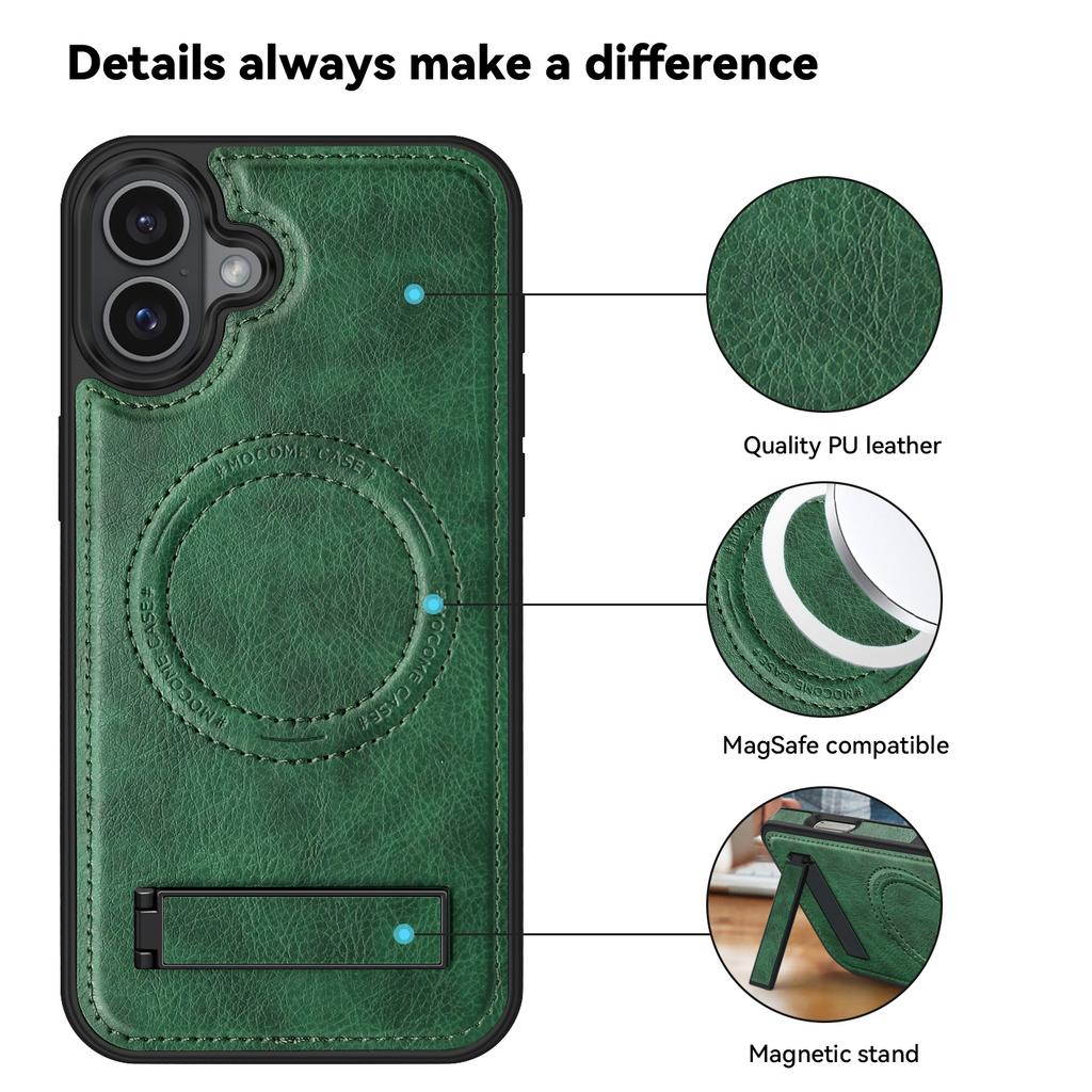 For iPhone 16 Case Compatible with MagSafe with Folded Kickstand PC Silicone Leather Phone Back Cover