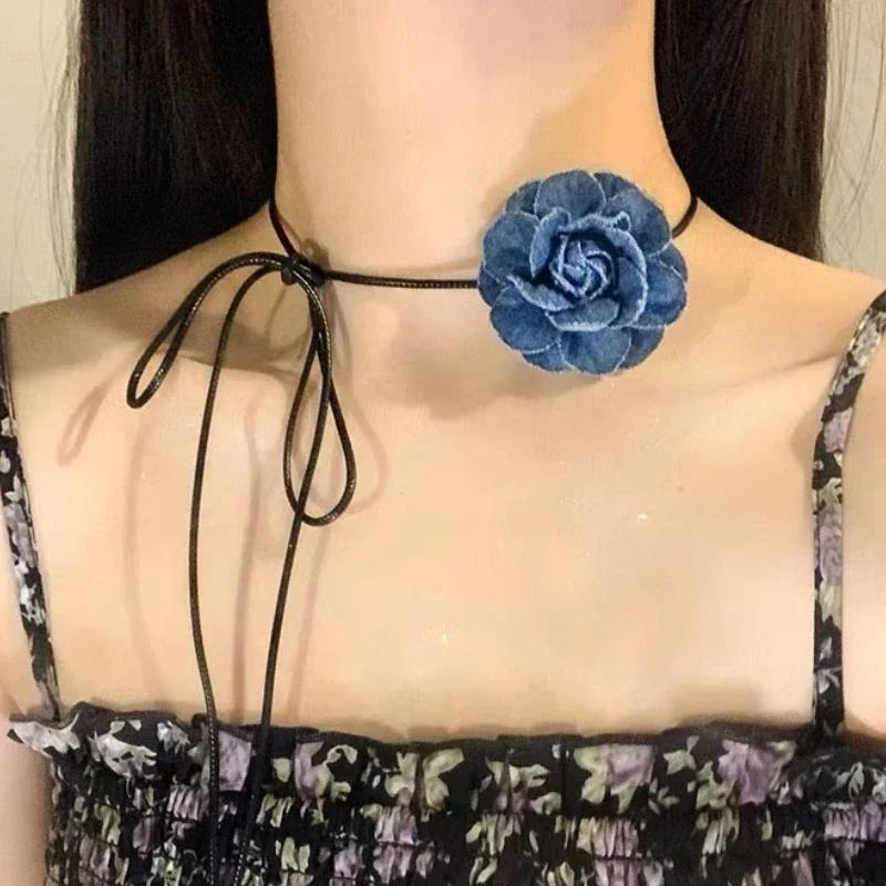 Collier ras du cou tendance avec pendentif en forme de fleur et de rose pour femme, chaîne de clavicule, en jean, réglable, corde cirée, style Y2K