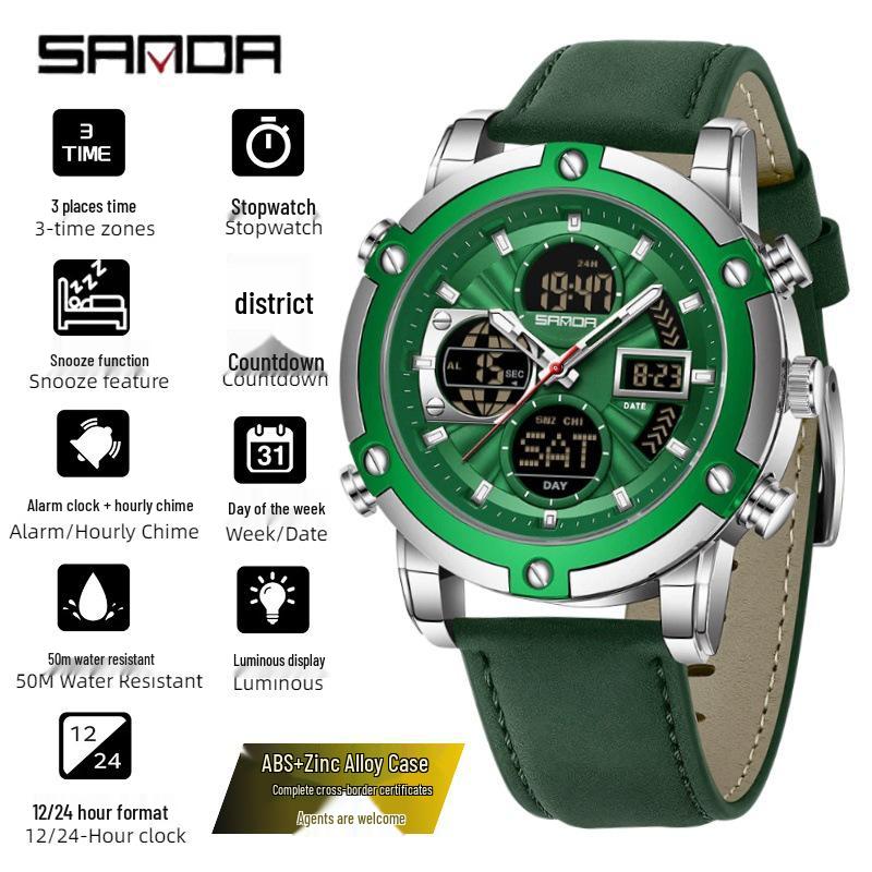 SANDA Men's Multi-Time Zone Steel Band Watch - Luminous, Waterproof, Alarm & Stopwatch Features