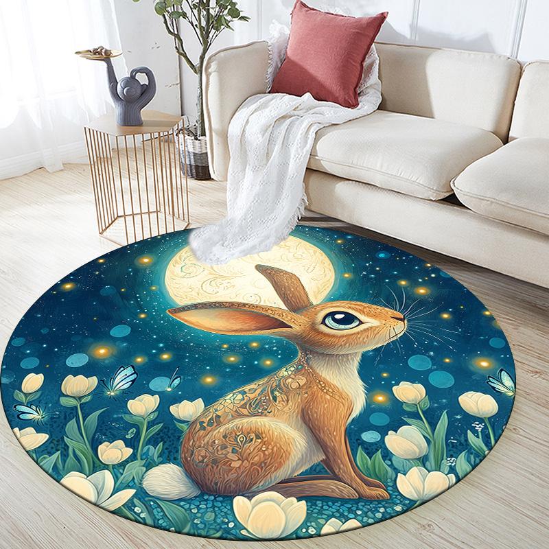 Flower Rabbit,Round Area Rug,Carpet Rug for Living Room Bedroom Sofa Playroom Decor,Non-slip Floor Mat