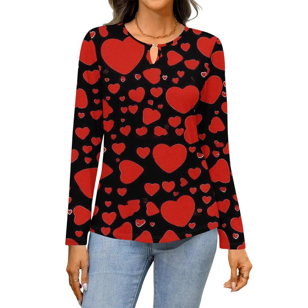 Women's Casual Round Neck Hollow,out Pullover Long Sleeve Valentine's Day Heart Print T,shirt Top