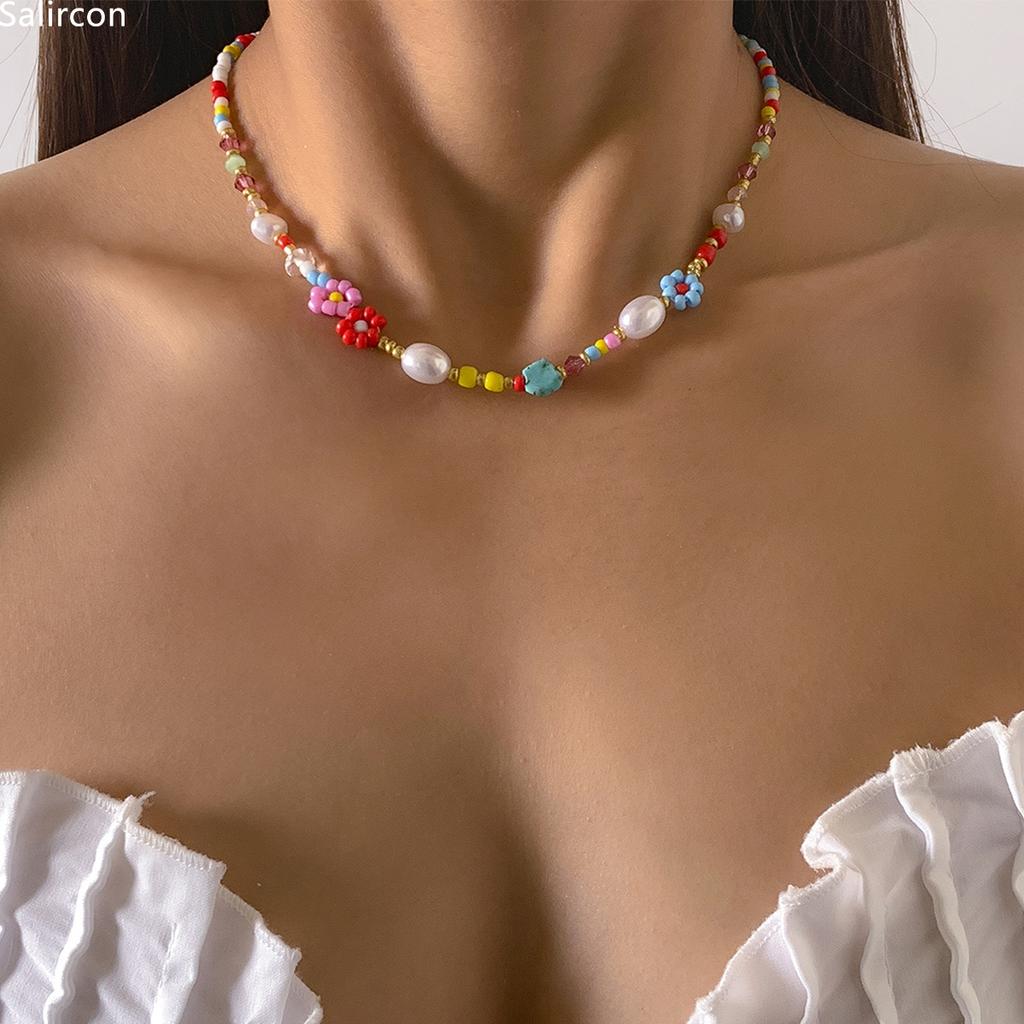 Baroque Simulated Zircons Cute Flowers Colorful Hand-woven Beaded Short Clavicle Chain Choker Necklace For Women Girls Zircon