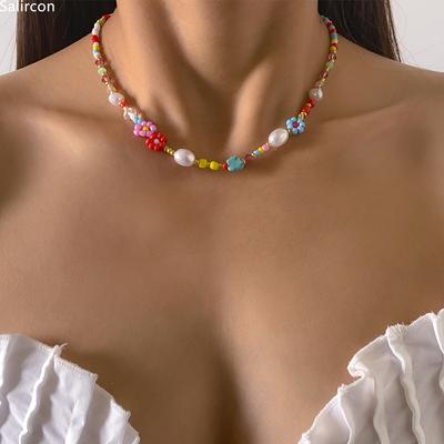 Barokní Simulované Zirkony Roztomilé Květiny Barevný Ručně tkaný Korálkový Krátký Řetízek na Klíční kost Choker Náhrdelník Pro Ženy Dívky Zirkon