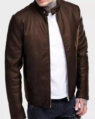 Chaqueta de cuero de motociclista hecha a mano, informal, de piel de oveja auténtica, de color marrón oscuro, para hombre