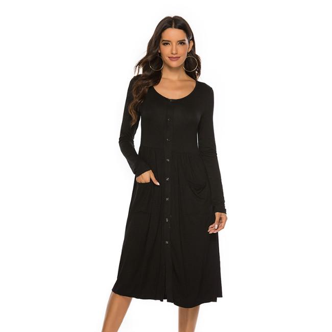 Women Fashion Round Neck Long Sleeve Button Slim Dress Casual Dress