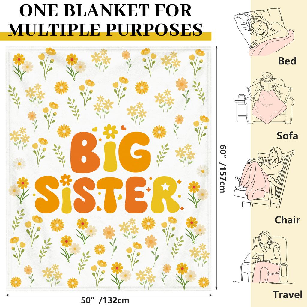 Big Sister Blanket Gifts For Girls 60" X 50" Sisters Blanket Soft Warm Yellow Pattern For Baby Shower Birthday Party Suppl