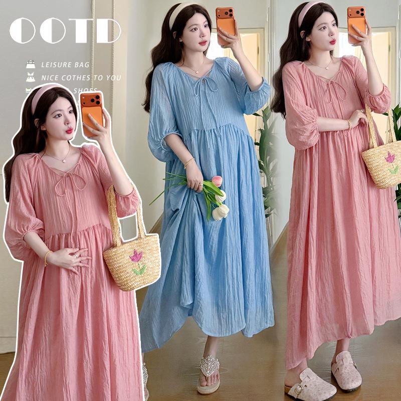 2026 Korean Loose-Fit Maternity Cotton Linen Dress XL