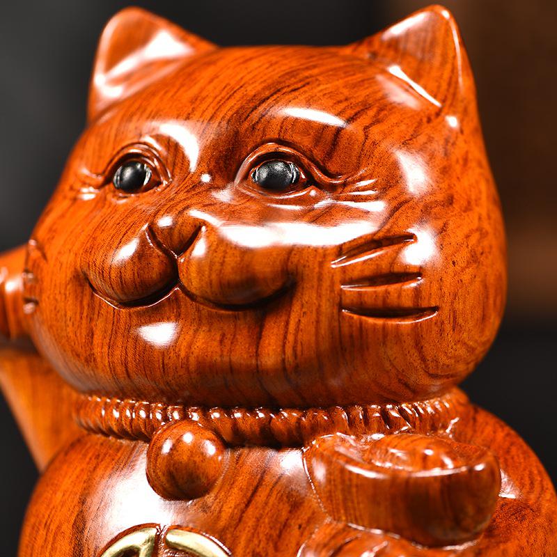 Rosewood Lucky Cat Wooden Ornament - Fortune Cat Decoration for Living Room, Shop, or TV Cabinet.