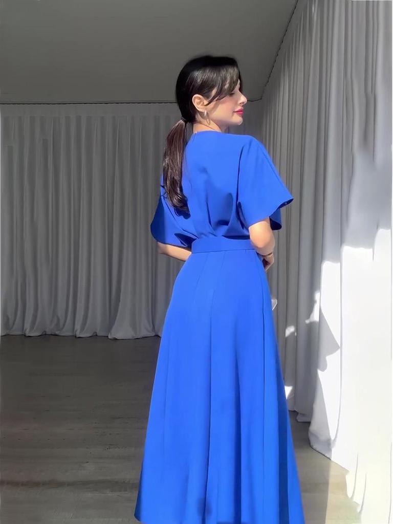 European & American Solid Color Round Neck Short Sleeve Slim Fit Long Dress with Waist Belt