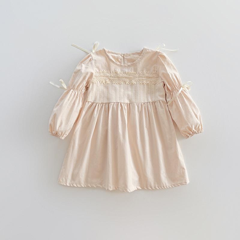 Spring Girls Princess Dress Long Sleeve Round Neck Lace Bow Puff Sleeve Cute Kids Party Dress Fashionable Children Clothing