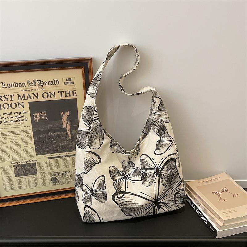 Canvas Tote Bag with Butterfly Print and Long Shoulder Strap for Women Daily Use