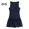 Women Summer Dress Sleeveless Bow Decor Pleated A-line Solid Color Mini Dress Back Zipper Closure O Neck Vest Dress for Dating Party