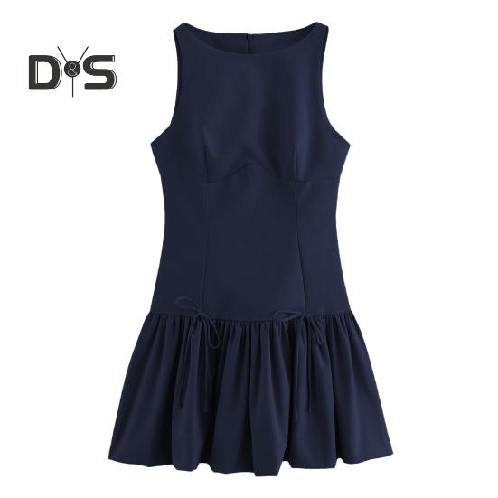 Women Summer Dress Sleeveless Bow Decor Pleated A-line Solid Color Mini Dress Back Zipper Closure O Neck Vest Dress for Dating Party