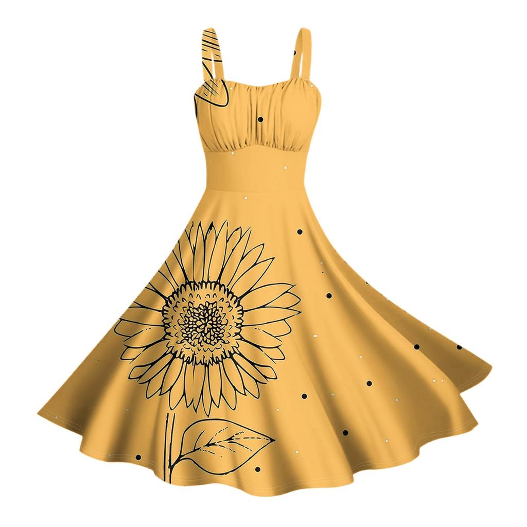 Damen Vintage Ärmellos Plissiert Patchwork Niedlich A-Linien Saum Blumendruck Kleider