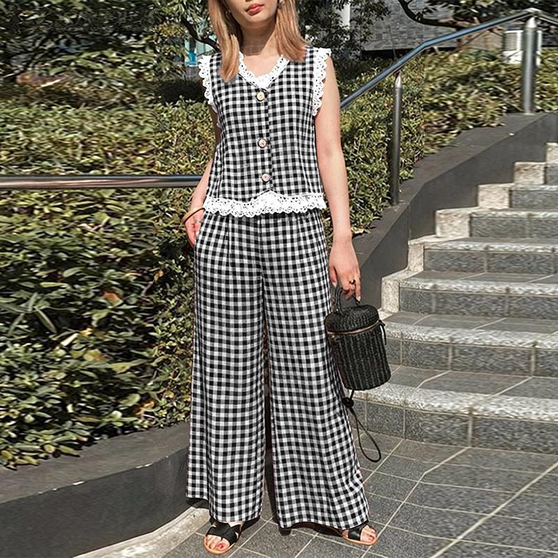 ZANZEA Women Sleeveless Tank Tops and Pants Summer Plaid Print Two Piece Suit Sets