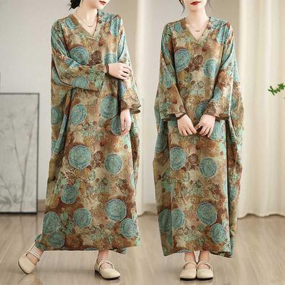 Vestido Feminino Novo Cor Decote V Retrô Saia Longa Algodão Linho