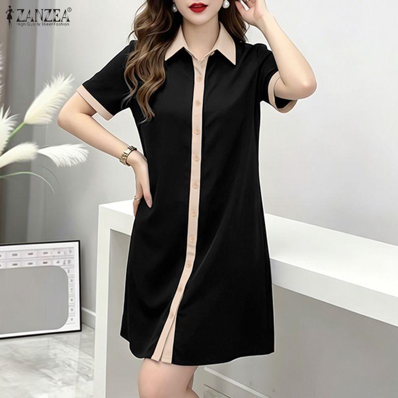 ZANZEA Women Splice Turn Down Collar Casual Short Sleeve Shirt Dress