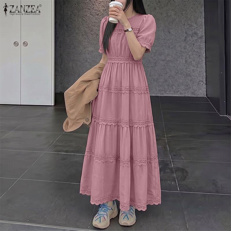 ZANZEA Women Elegant Round Neck Summer Casual Short Sleeve Long Dress